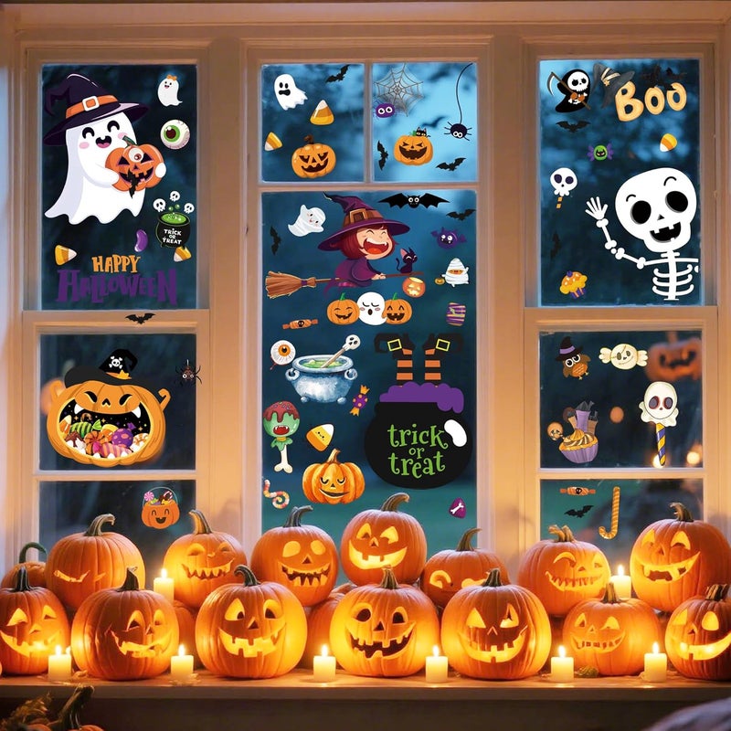 FUULOXE 9 Sheets Halloween Window Clings Cute Window Stickers for Home Party Supplies Halloween Decoration with Pumpkin Bat Ghosts Witch for Home/Office/School Windows - Image 5